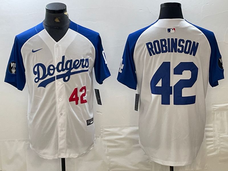 Men Los Angeles Dodgers 42 Robinson White blue Fashion Nike Game MLB Jersey style 4